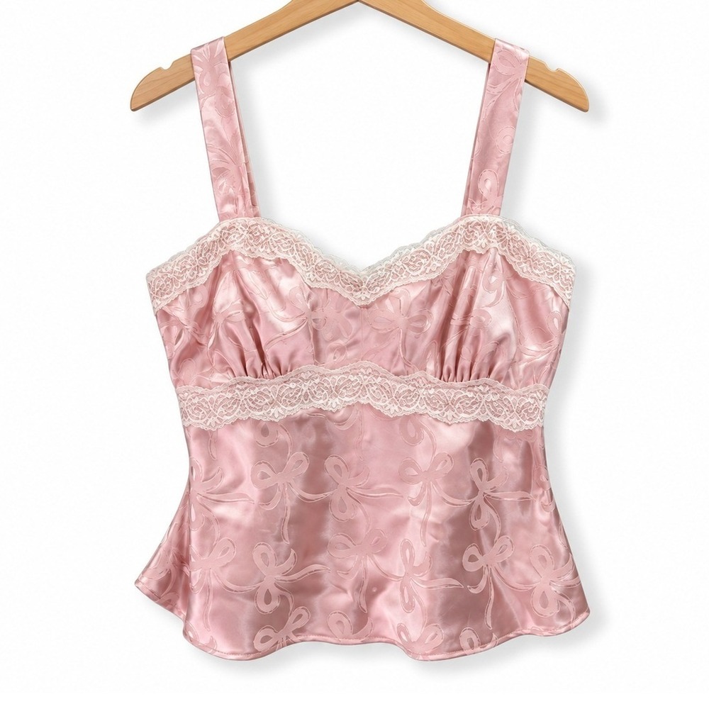 Evolutionary Tank Top Womens Medium Pink Satin Jacquard Bow Camisole Cottagecore